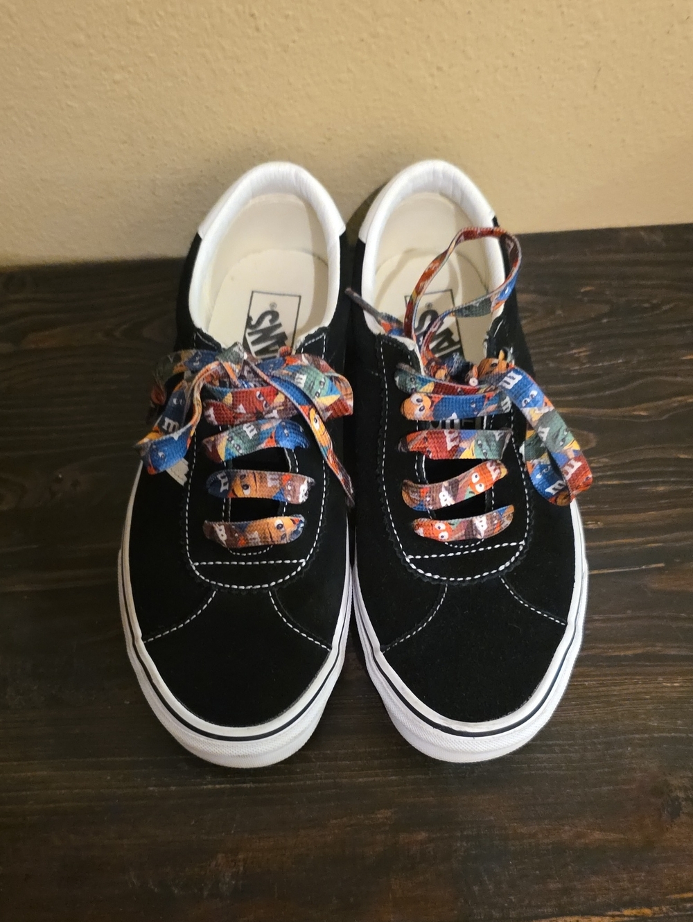 Vans Black Suede Low-Top Sneakers with Multicolor Character Laces